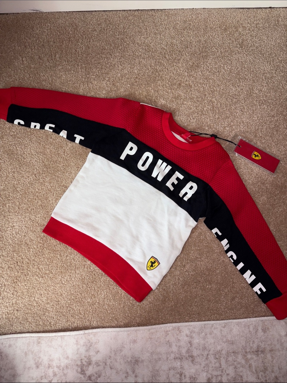 Ferrari Kids Red Black White 'POWER' Colorblock Crewneck Sweatshirt